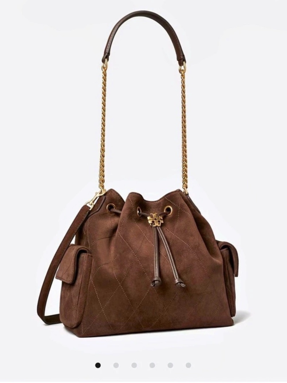 Tory Burch Charlie Quilted Suede Drawstring Bag Brown